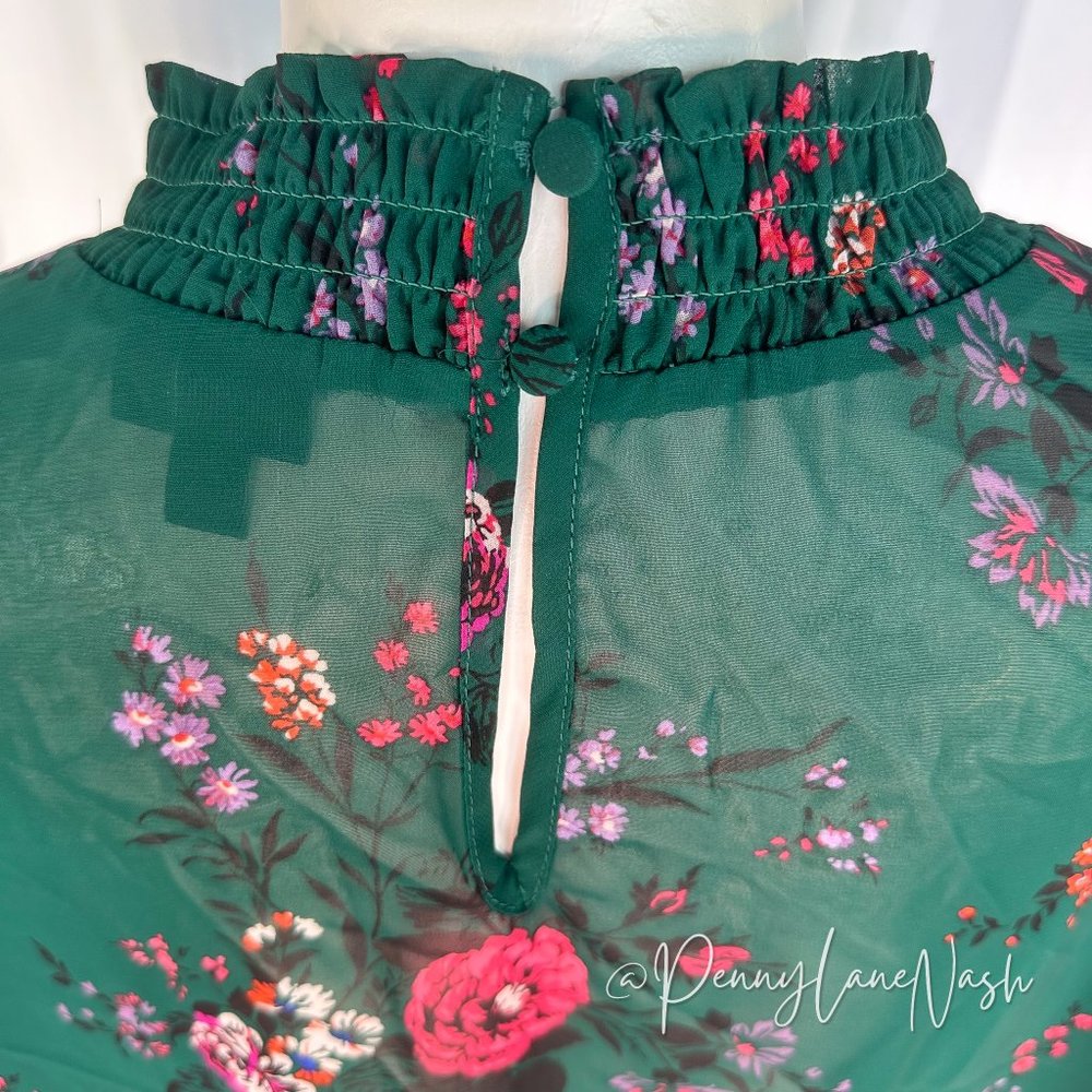 Torrid Chiffon Smocked Mock Neck Floral Blouse Top Green - Picture 9 of 11